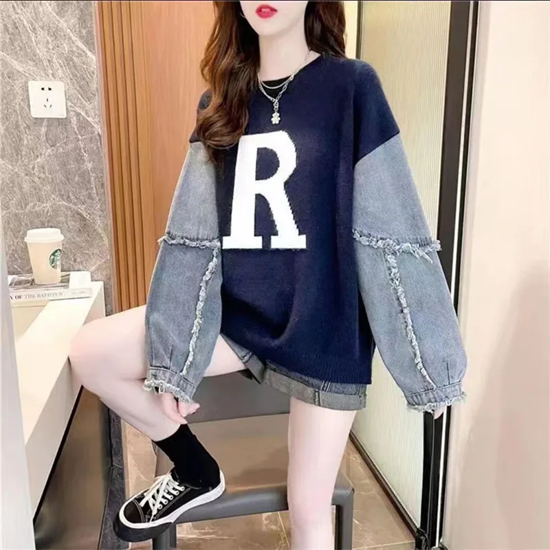 

Korean Women's Pullover Sweater Denim Stitching Long Sleeve Jump Sweater Loose O-neck Knit Top Female