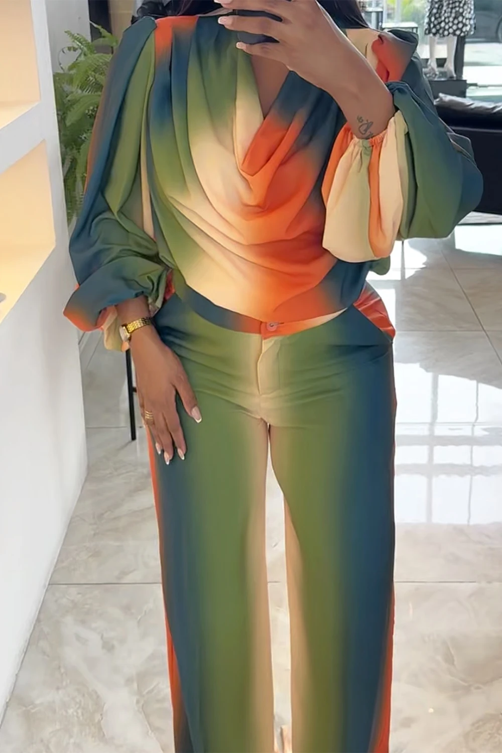 Plus Size Business Casual Green Gradient Cowl Neck Lantern Sleeve Long Sleeve Ruffled Two Piece Pant Sets