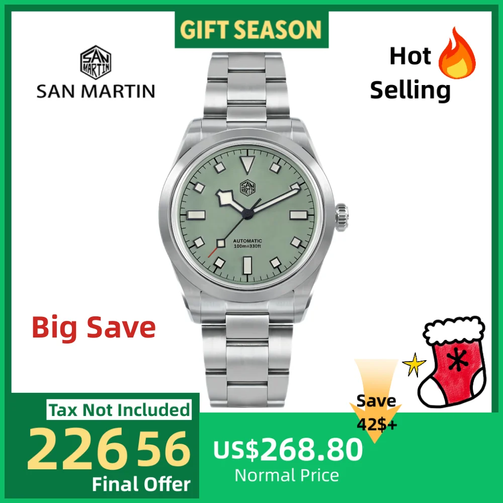 San Martin 38 มม.สํารวจนาฬิกาสําหรับชาย NH35 อัตโนมัติกีฬานาฬิกาข้อมือใหม่ BGW-9 สร้อยข้อมือ 100M กันน้ํา SN0107-3/4