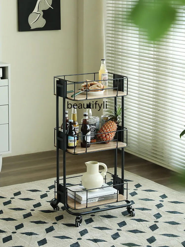 

zq Nordic Iron Storage Rack Simple Modern Small Apartment Movable Trolley Kitchen Storage Dining Car