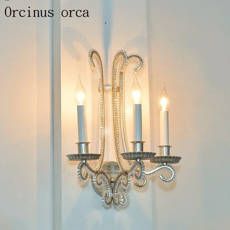 

American country crystal candle wall lamp living room corridor bedroom bedside lamp garden antique creative iron art wall lamp