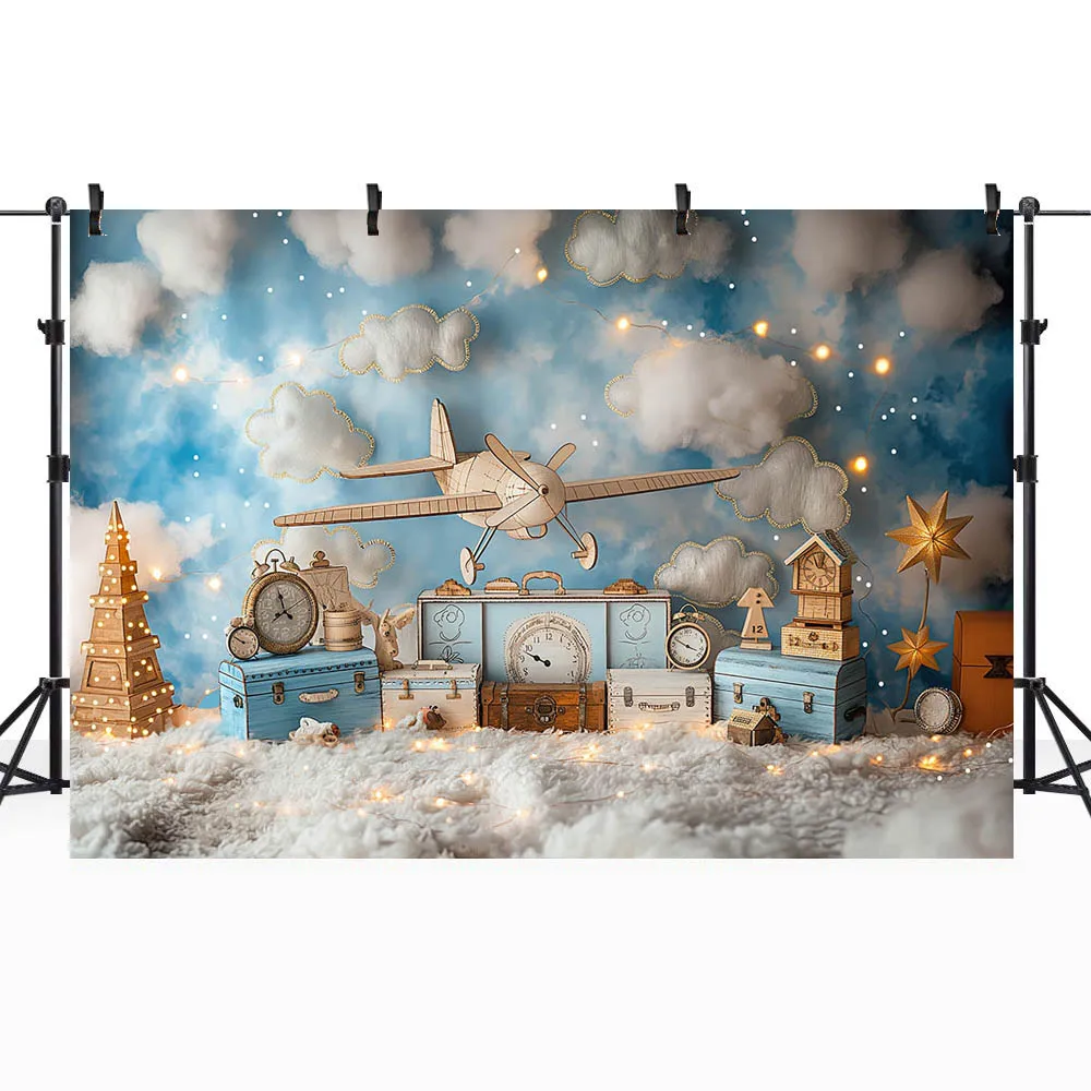 Mocsicka Airplane Adventure Awaits Baby Kids Photography Background Blue Sky White Clouds Boys 1st Birthday Party Decor Backdrop