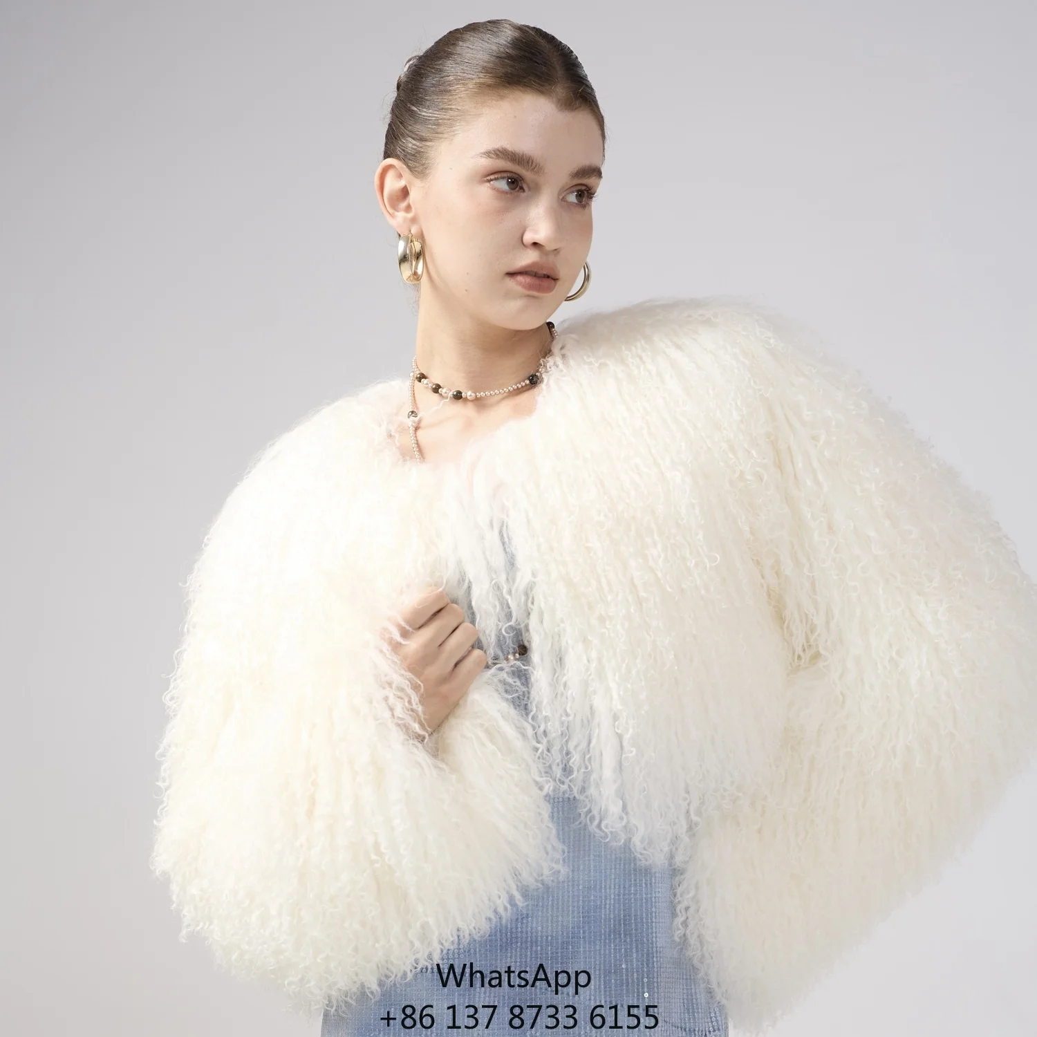 

Custom Logo Wholesale Casual Winter Natural Tibet Lamb Fur Coat Cropped Luxury Fluffy Real Mongolian Lamb Fur Coat Women Green