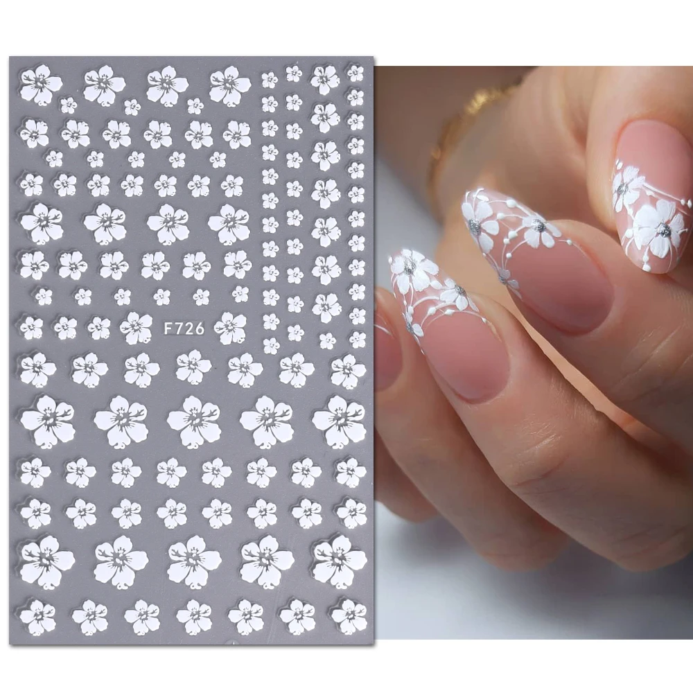 4 naklejki na paznokcie z motywem świeżych, białych kwiatów, łatwe w aplikacji do dekoracji paznokci DIY, na prezenty, imprezy, do makijażu i stylizacji ślubnych.