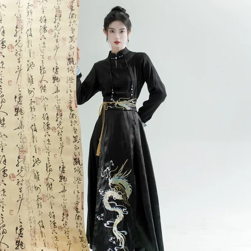 Traditional Daily Hanfu Set Horse Face Dress Women New Chinese Style Dragon Embroidery Mamian Skirt Fashion Street Wear Clothing