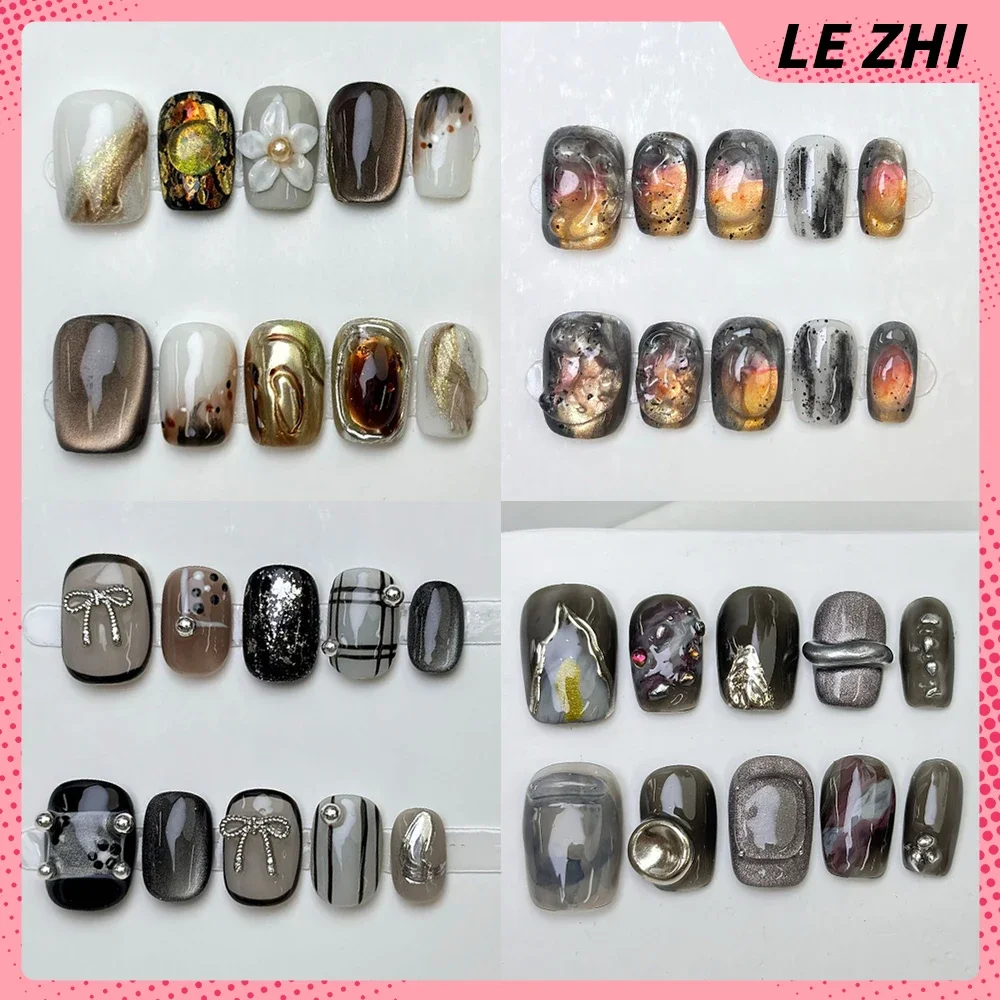 

10Pcs Cute Handmade Manicure Short Round Square Shape False Nails Autumn Winter Cat Eye Leopard Print Detachable Fake Nails