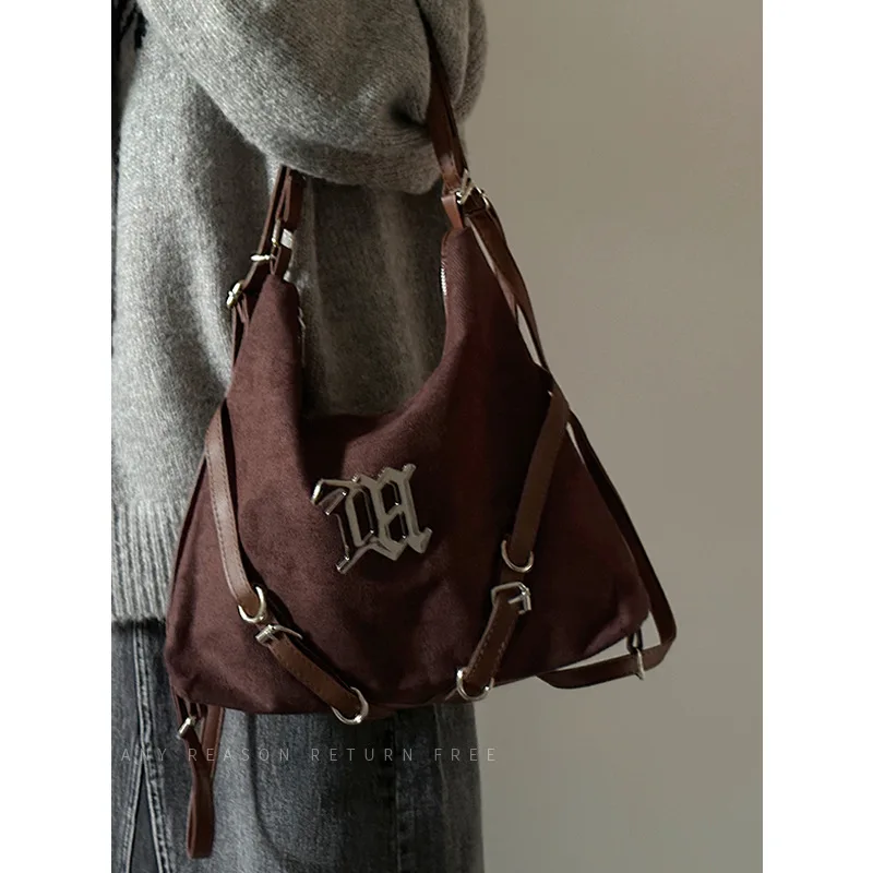 

Y2K Retro Bintage Coffee Backpacks Velvet Chic Casual Mochila Female Large Capacity Shoulder Bag Versatile Ladies Bucket Handbag