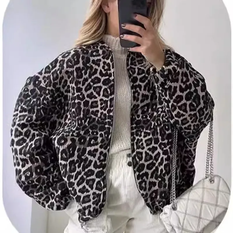 

European and American 2025 New Leopard Print Jacket Round Neck Zipper Loose Jacket Street Trend Casual Versatile Top