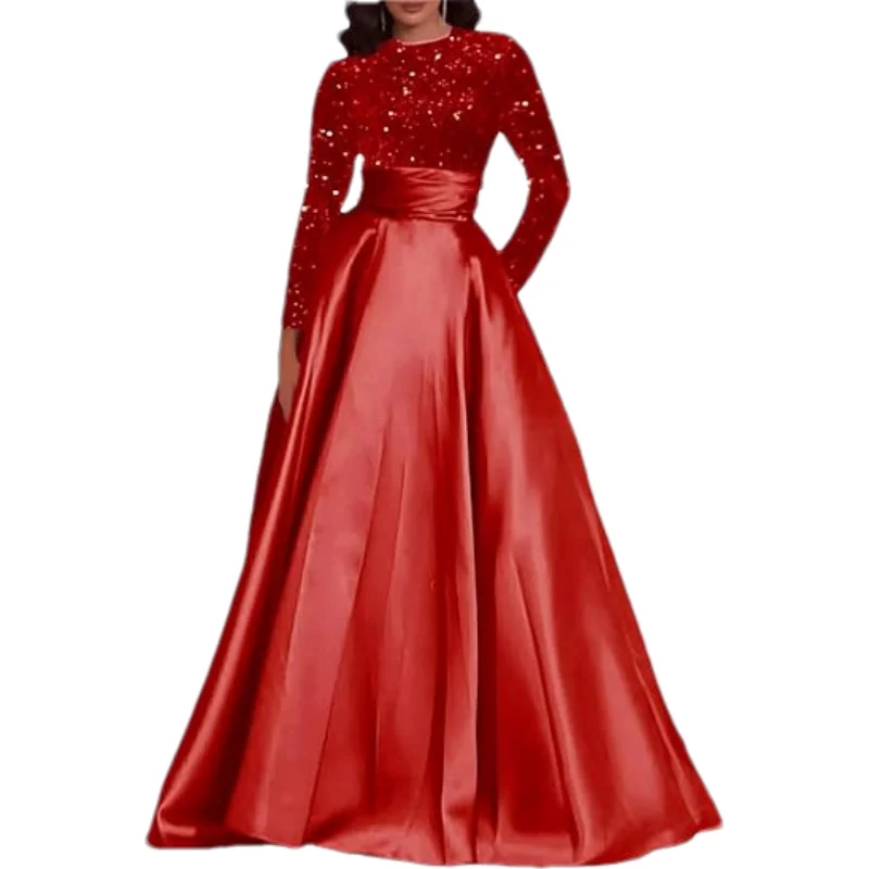

Индивидуальное вечернее платье с длинным рукавом и пайетками для женщин, блестящее, фасон А-силуэт, для выпускного бала, сатиновое, с карманами