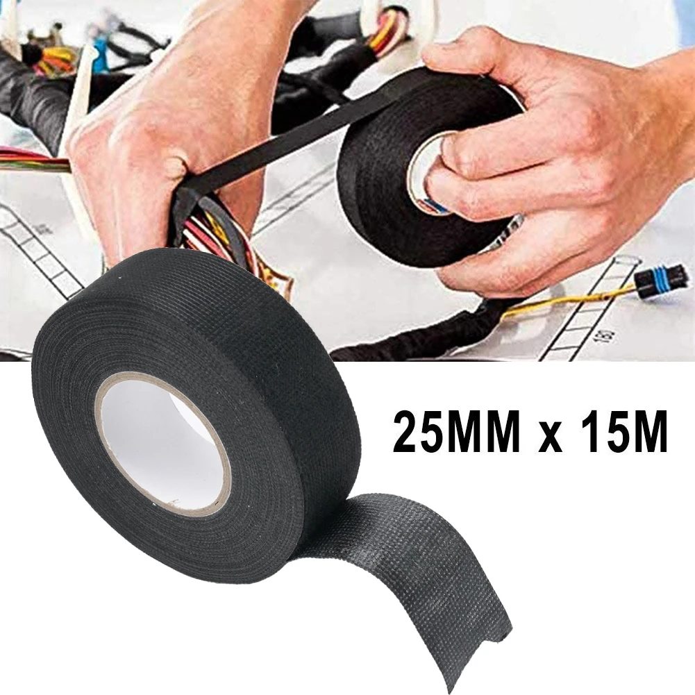 15M 25MM Heat-Resistant Cloth Fabric Tape Flexible PET Non-woven Automotive Internal Winding Harnesses Black Cable Wiring