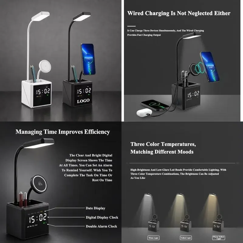 Custom luminous logo 15W fast Qi wireless charging bracket with 3-color LED light, digital clock pen mobile phone holder,