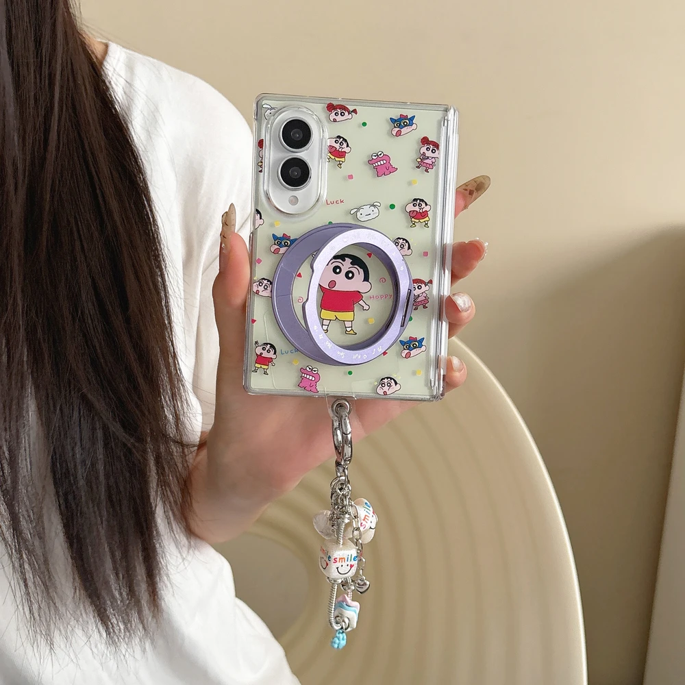 Cute Cartoon Anime Crayon Shin chan 360°Rotation Stand Holder Phone Case For Samsung Galaxy Z Fold 8 Hard Cover With Lanyard