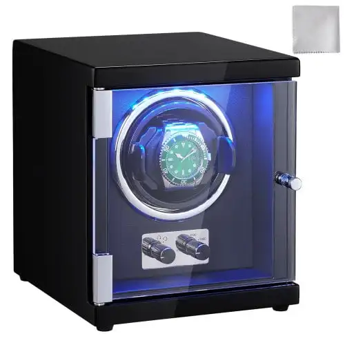 

Watch Winder, Single Watch Winder for Men's and Women's Automatic Watch, with Super Quiet Japanese Mabuchi Motor, Blue LED Light
