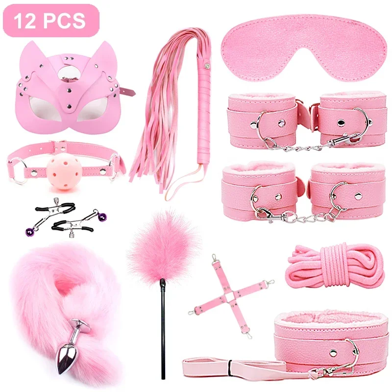 12 Pcs/set Sex Products Erotic Toys for Adults Games BDSM Sex Bondage Set Handcuffs Nipple Clamps Gag Whip Rope Sex Toys