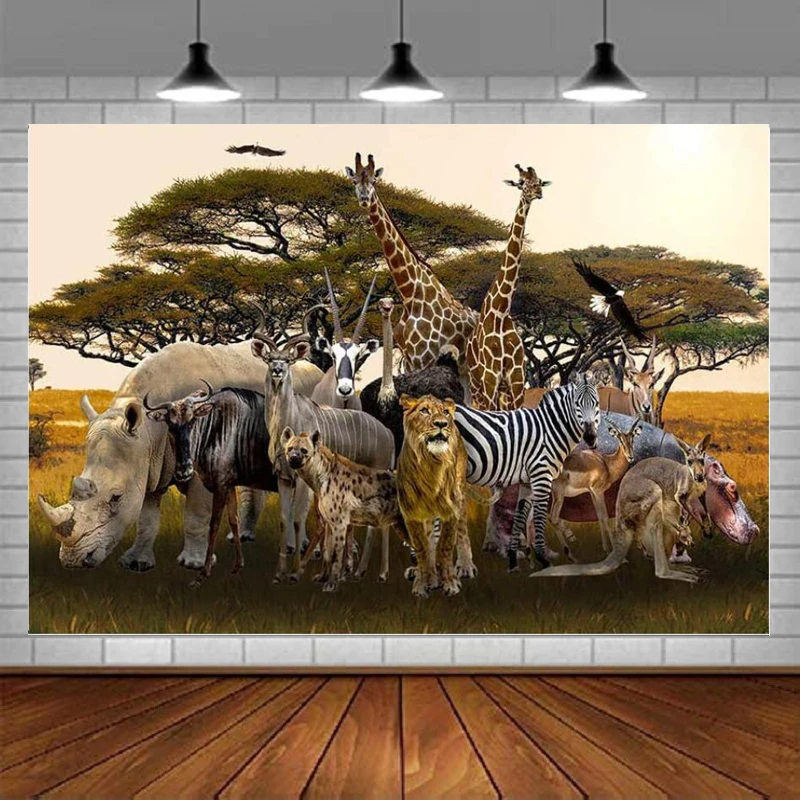 

Tropical African Forest Jungle Safari Scenic Photography Backdrop Banner Realistic Animals Giraffe Antelope Lion Background