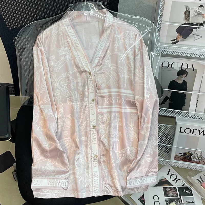 Spring and Summer French High-end Long Sleeved Cardigans Pajamas Women\'s Home Clothing Pink V Neck Janpanese Style Pajamas Silk