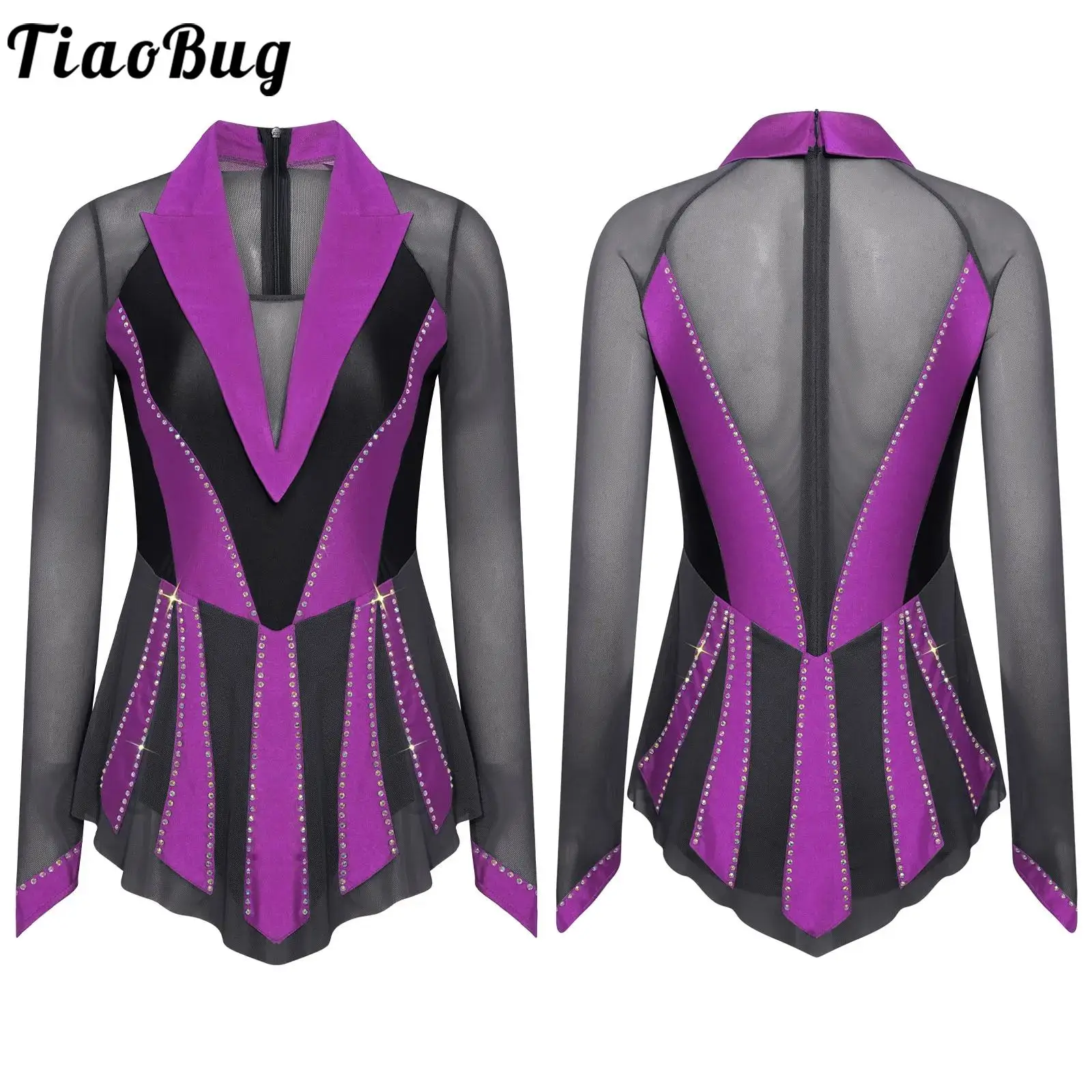 

Women Figure Skating Rhythmic Gymnastics Leotards Dress Glittery Rhinestones Lyrical Ballet Dance Sheer Mesh Ruffled Bodysuits