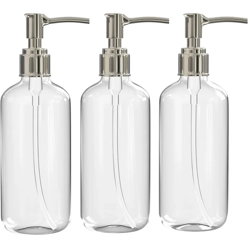 Clear Soap Dispenser with Rust Proof Pump, (3 Pack, 16 Oz) Plastic Hand Soap Bottles for Bathroom & Kitchen