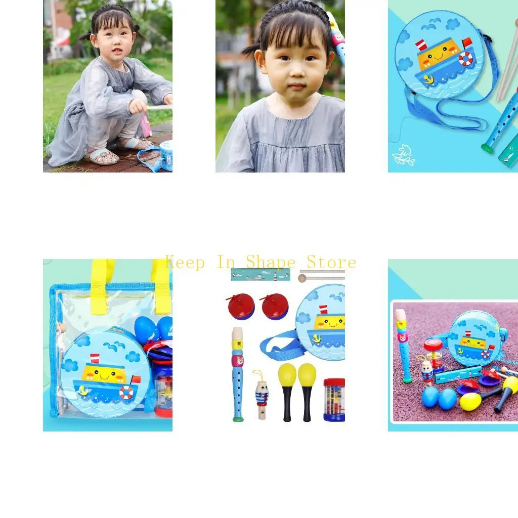 U1JC Toddlers Musical Instruments Music Toy 8Pcs Musical Percussion Drum Set Children Kids Preschool Gift with Backpack