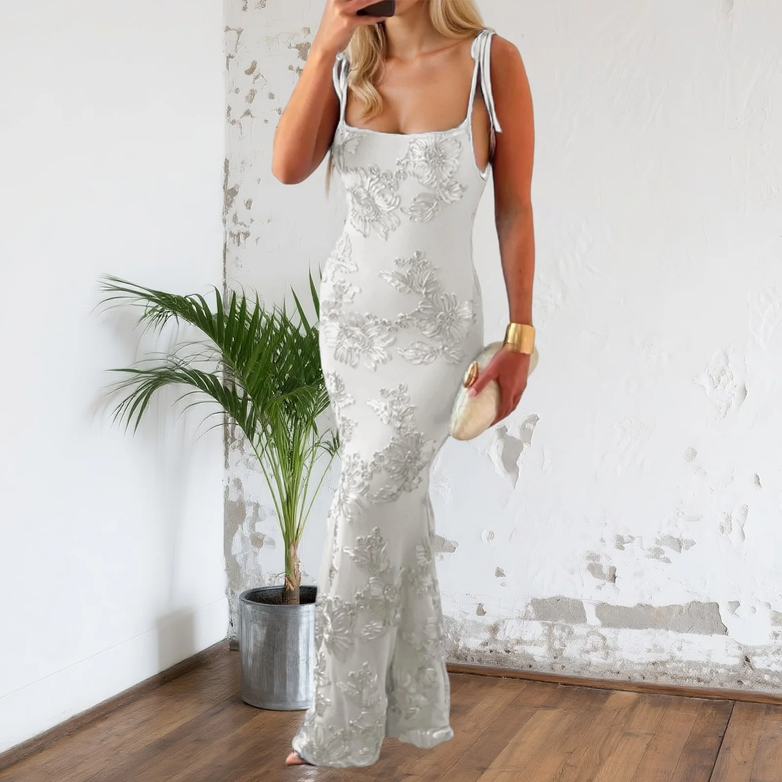 Nowa Moda Damska Letnia Długa Sukienka Cami Bez Rękawów Dekolt Niski Wiązana Sukienka Plażowa z Kwiatowym Nadrukiem Gorąca Wyprzedaż S-XL