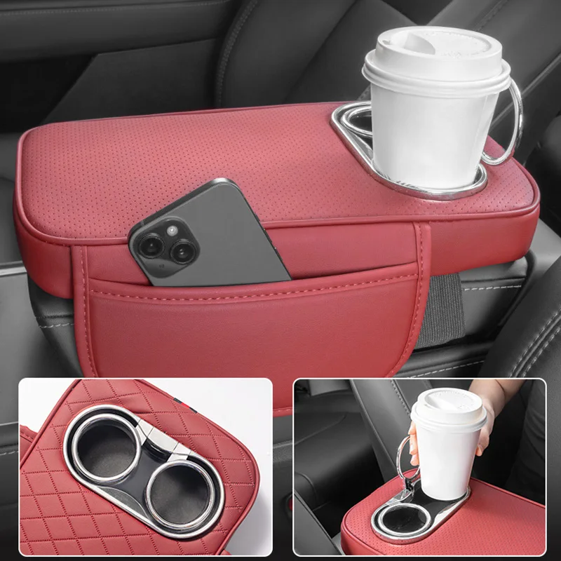 

Car Center Console Armrest Cushion With 2 Cup Holder and side pocket PU Leather Auto Amrest heighten Pads Car Arm rest Cover