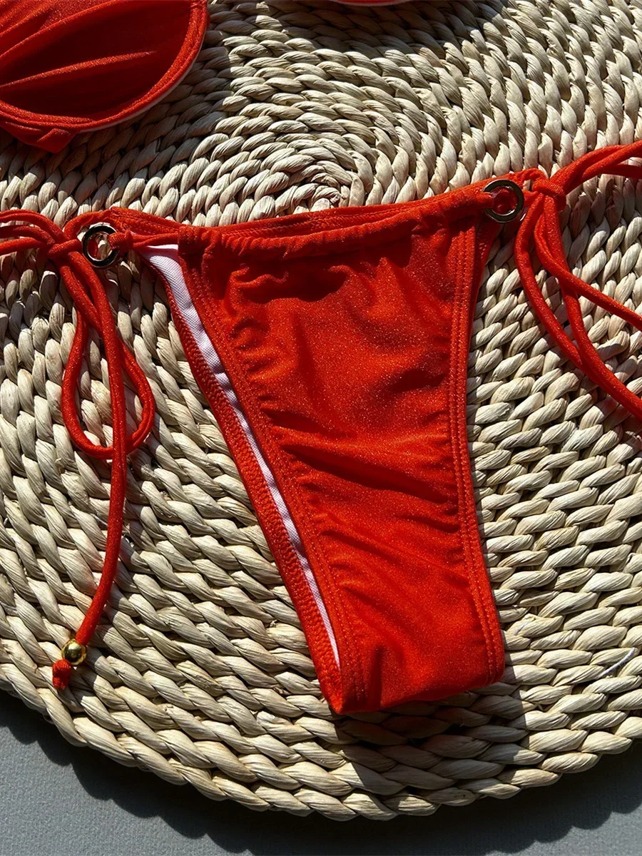 Sexy anel vermelho metal underwire bikini conjunto 2025 feminino plissado push up micro maiô praia brasileira maiô tanga