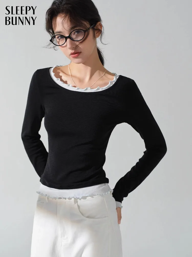 

Black Long Sleeve T Shirt Women Slim Layered Look Top Ruffled Round Neck Casual Inner Wear Blouse Elegant Slimming Basic Outfit