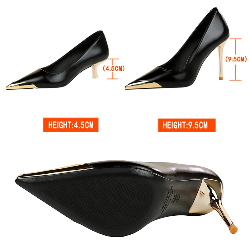 BIGTREE Shoes Retro High Heels Metal Pointed Tip Women Pumps Stiletto 9.5 Cm And 4.5cm Heels Sexy Party Shoes Office Shoes