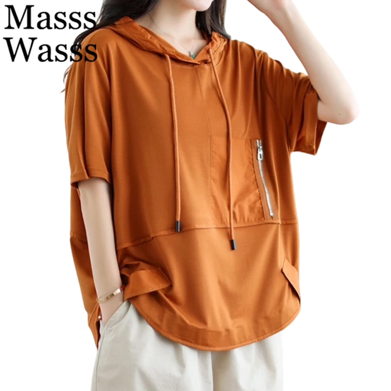 Masss Wasss Summer Fashion Loose Hooded Tops Ladies 2026 Japanese Vintage Soild T-Shirts Womens Classic Leisure Elegant Clothes