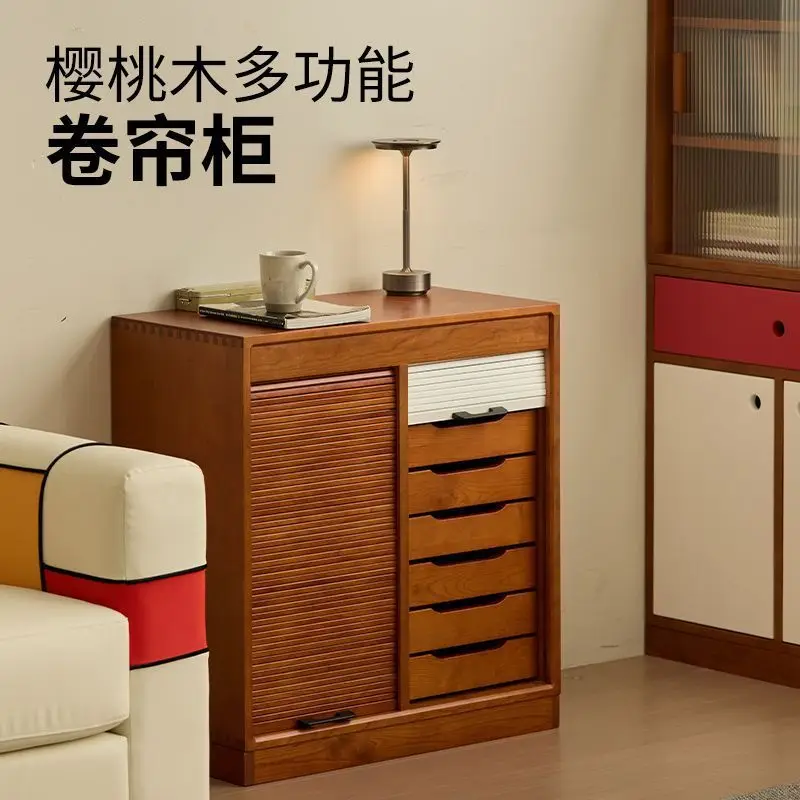 Multifunctional retro mobile file cabinet Cherry wood rolling shutter door locker Middle antique living room storage chest side