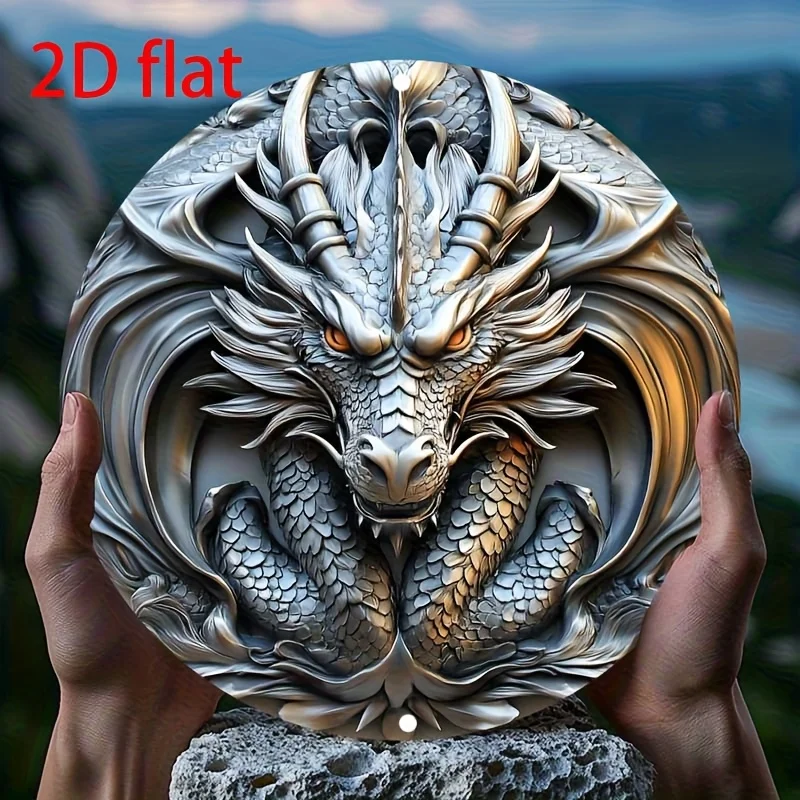 2D Flat - 1pc 2D Flat Metal Iron Signage Featuring Vintage Dragon Wall Art, Measuring 8.0X8.0 inch. This Round Metal Sign Has a
