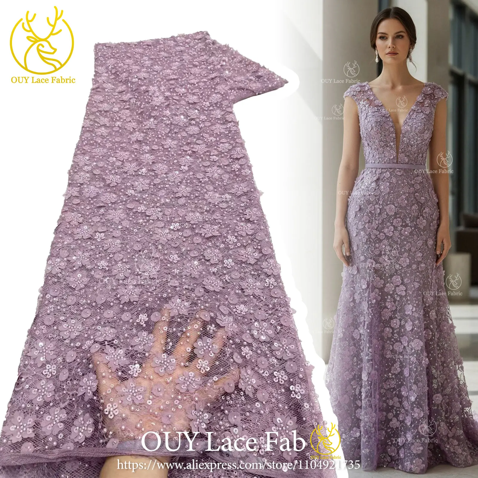 Neuester Spitzenstoff mit Pailletten und Perlen, 2026, hochwertiger afrikanischer nigerianischer Spitzenstoff, Hochzeitskleid und Abendkleid, Nähen, 5 Yards – Detail 5