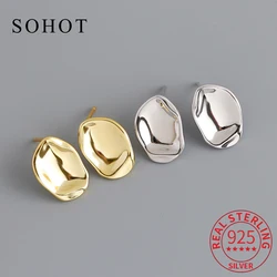Real 925 Sterling Silver Irregular Uneven Surface Stud Earrings for Women Trendy Fine Jewelry Minimalist Korea Accessories