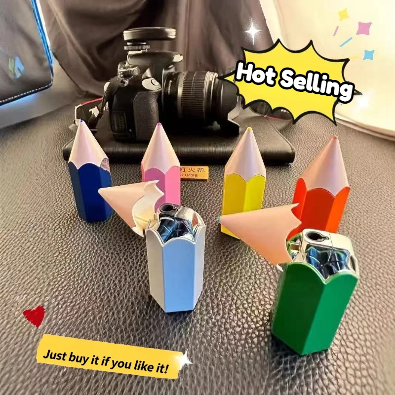 Creative Pencil-Shaped Jet Lighter, Windproof Blue Flame Refillable Butane Lighter, Multi-Color Candy Design Lighter