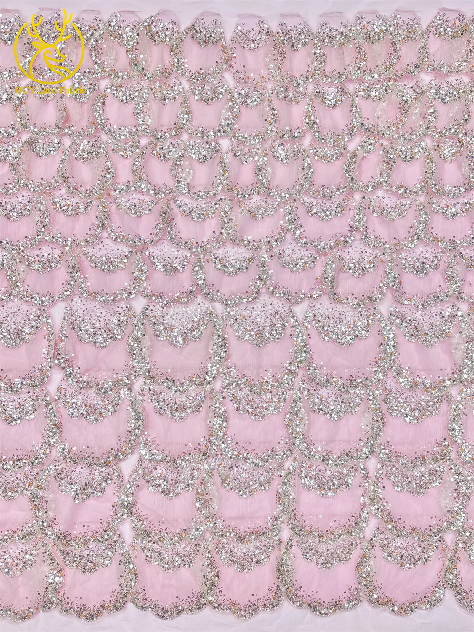 3D-Stickerei mit Pailletten und Perlen, marineblaue afrikanische Spitze, französischer Tüll, Netzspitze für Braut, Hochzeit, DIY, handgemachtes Nähen – Detail 9