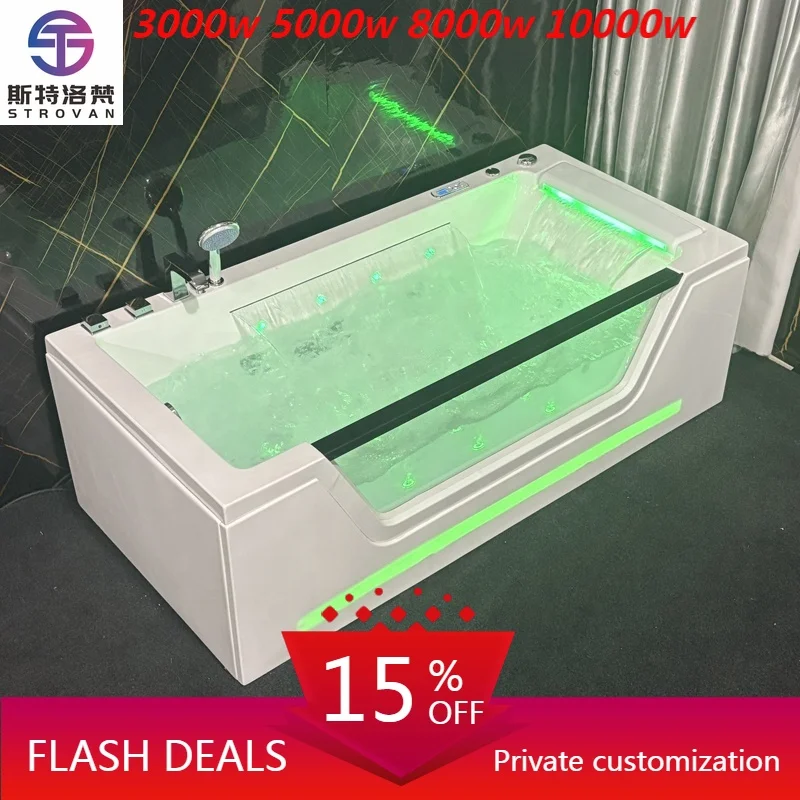 

ZXHK Acrylic Whirlpool Massage Bathtub with 28 Jets 60gal+ Capacity Luxury Freestanding Design Heated Colorful Lights