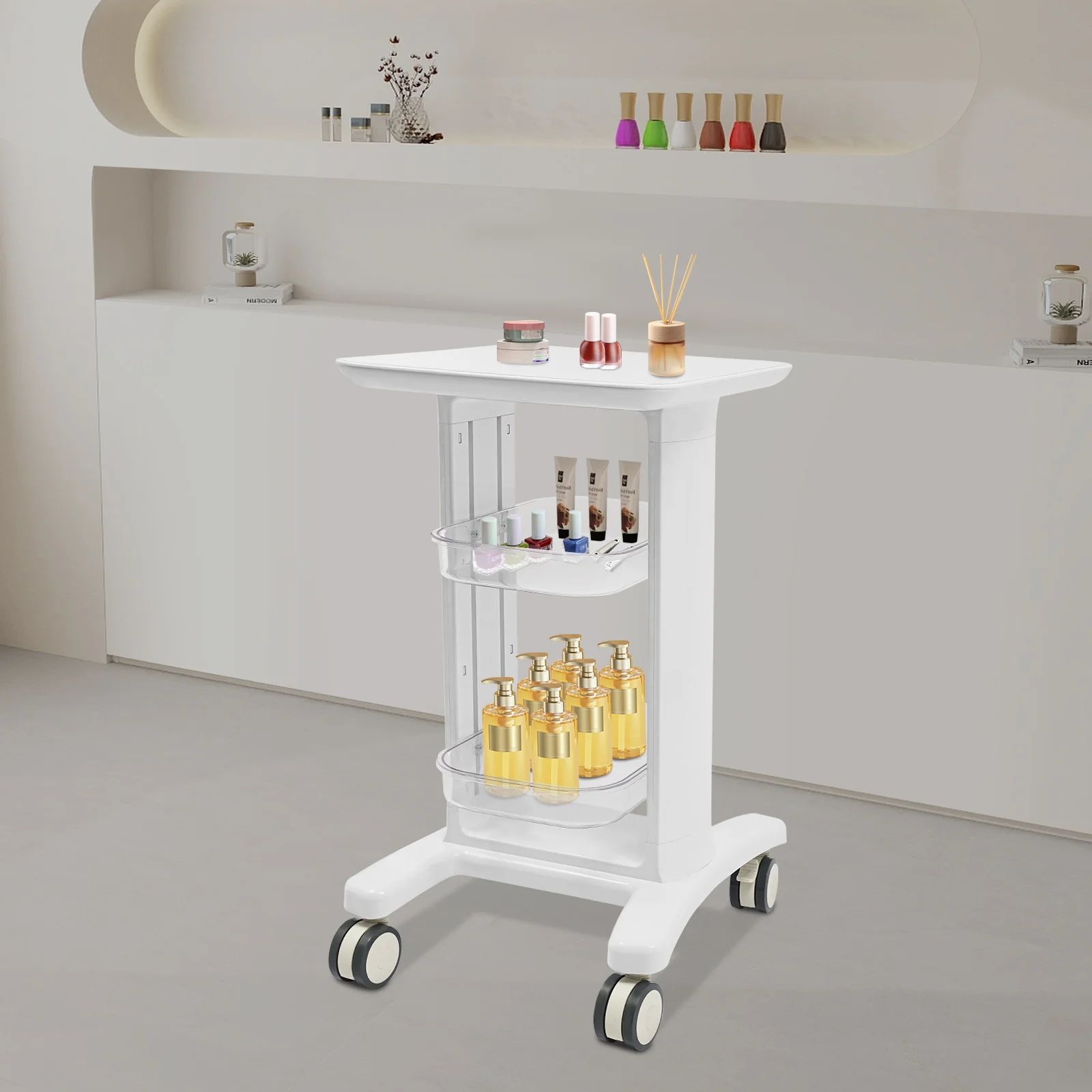 

Белая тележка для хранения косметики из АБС-пластика 45x41.9x74.1см, трехъярусная передвижная тележка на колесах, тележка для косметических инструментов