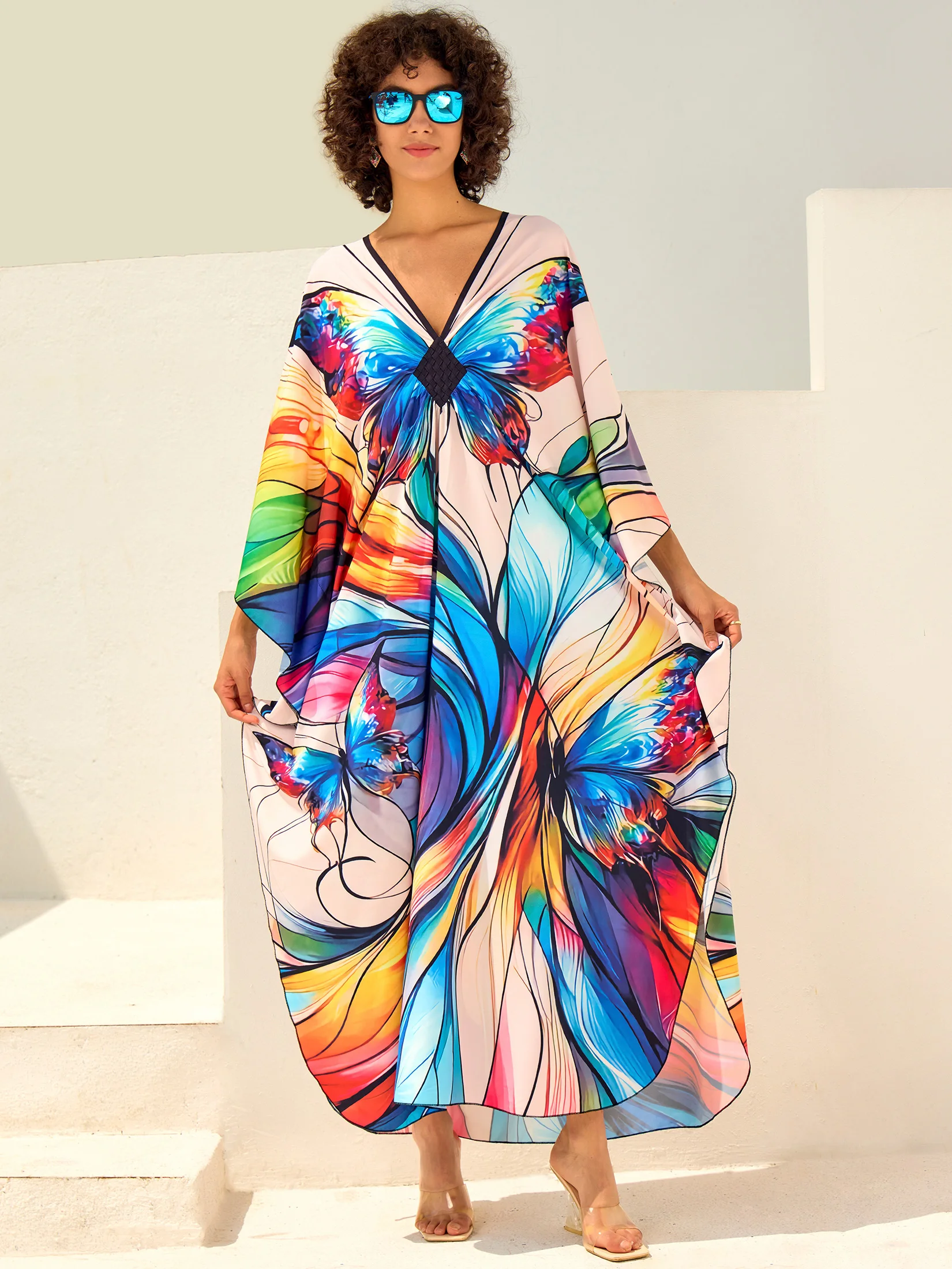 Bohemian Butterfly Chic Printed Plus Size Kaftan Dresses For Women Clothing Summer 2024 Sexy V-neck Long Sleeve Maxi Dress Q1670