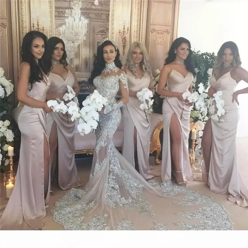 Vestido de novia de sirena personalizado, apliques de encaje con cuentas transparentes sexis, ilusión de cuello alto, vestidos de novia de trompeta champán de manga larga