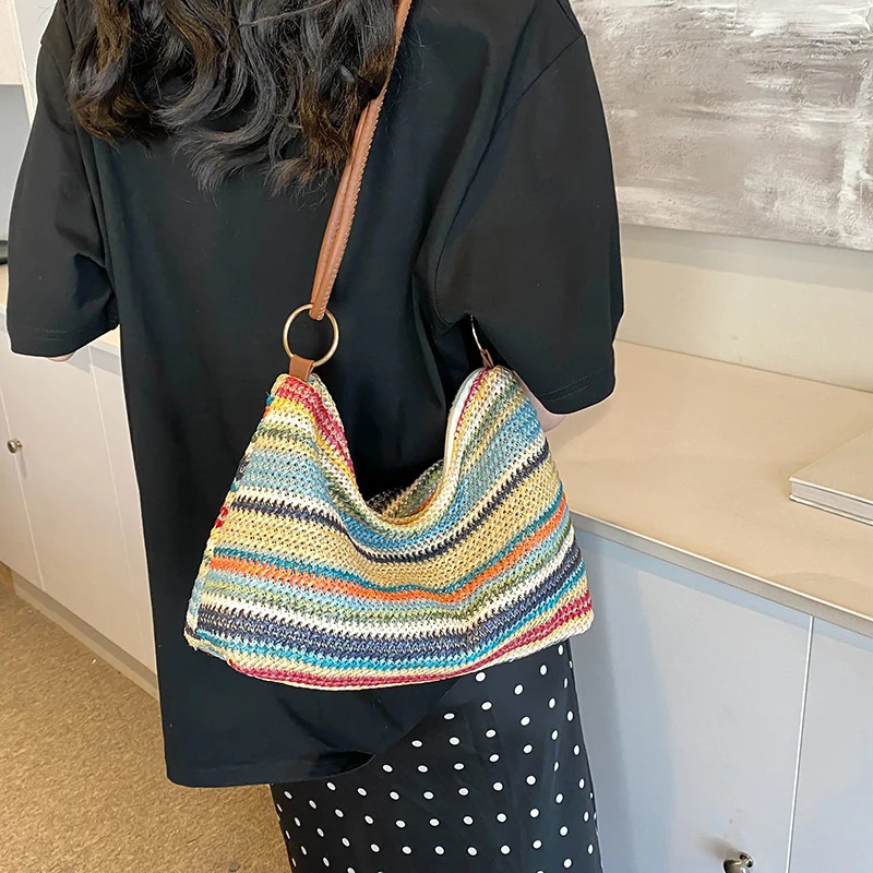 【YY35】Women's Striped Straw Tote Bag Lightweight Large Capacity With Detachable Coin Purse & Zip Closure For Beach Vacation