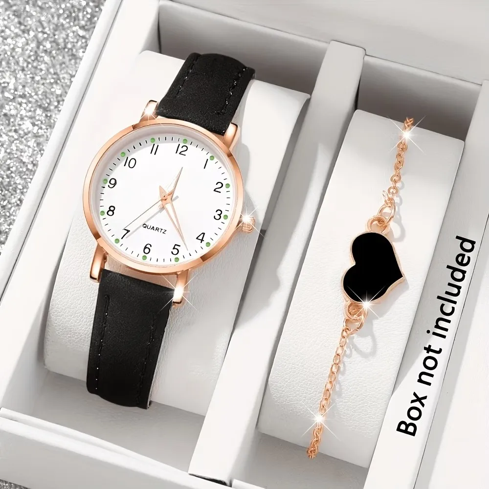 2Pcs Simple and Elegant Retro Women's Wristwatch with Small Round Roman Dial, Pu Leather Strap, Versatile Ladies' Watch + Fashionable Heart Bracelet Set, Gift for Valentine's Day, Eid, Easter, Back-To-School Graduation