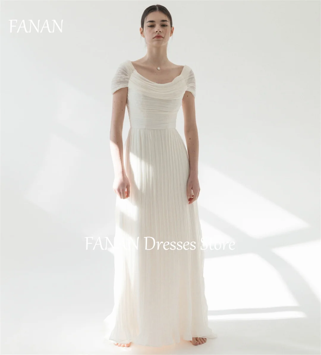 

FANAN Cowl Neck Japan Wedding Dresses Short Sleeves Chiffon ウェディングドレスです Ivory Simple Pleated Custom Made Bride Gowns Plus Size