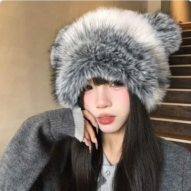 

Милый пуловер с медвежьими ушками, плюшевая шапка-бини, зимняя уличная утолщенная теплая шапка-бомбер из искусственного меха норки для женщин
