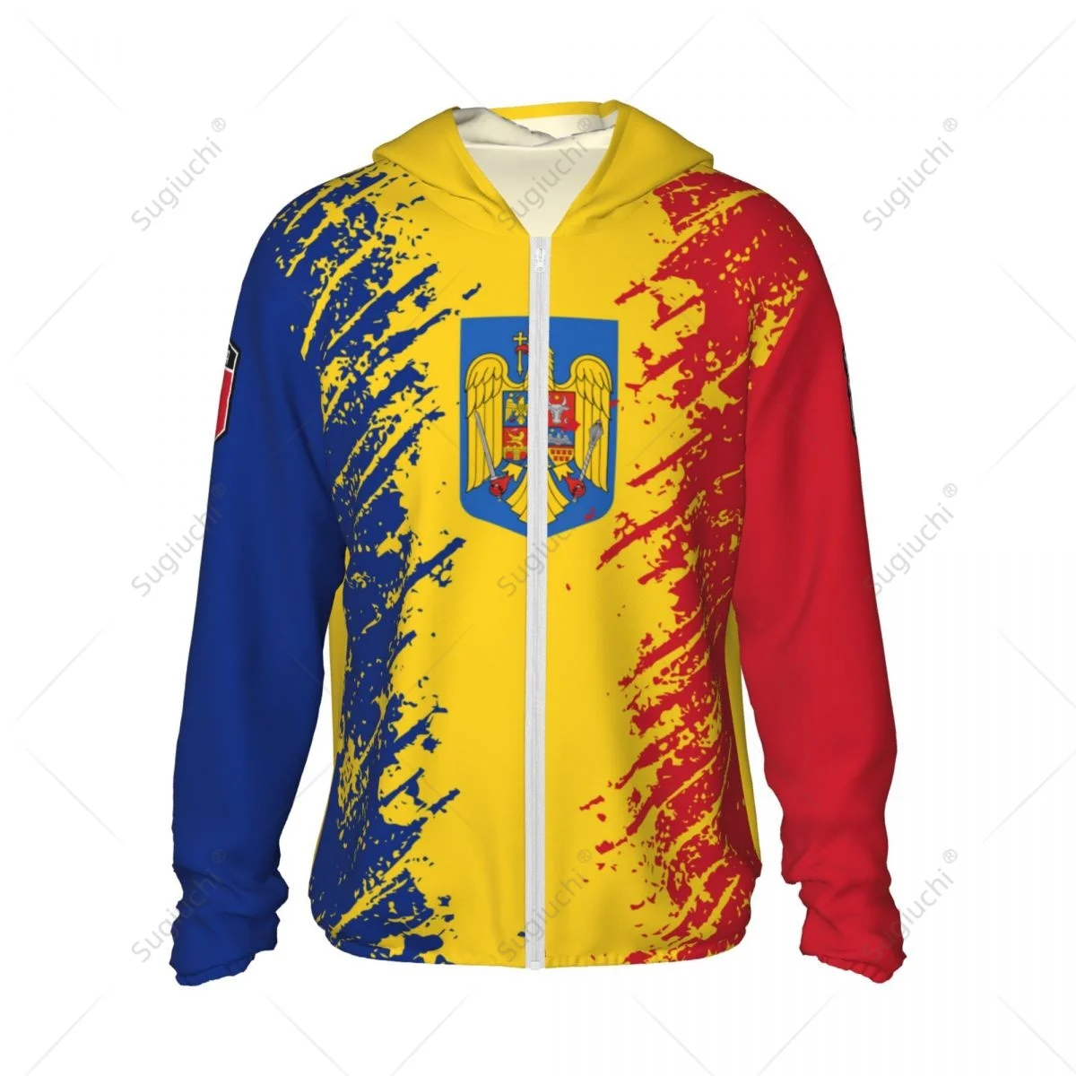 Bandeira da Romênia Sun Protection Hoodie, Roupas com protetor solar, Pesca, Ciclismo, Corrida, Secagem rápida, Manga comprida com zíper, Poliéster