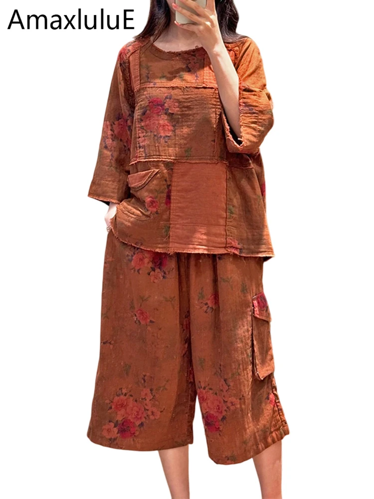 

Amax LuluE 2026 Females British Summer Floral Two Piece Sets Classic Luxury Tops Vintage Loose Trousers Casual Fashion Outfits