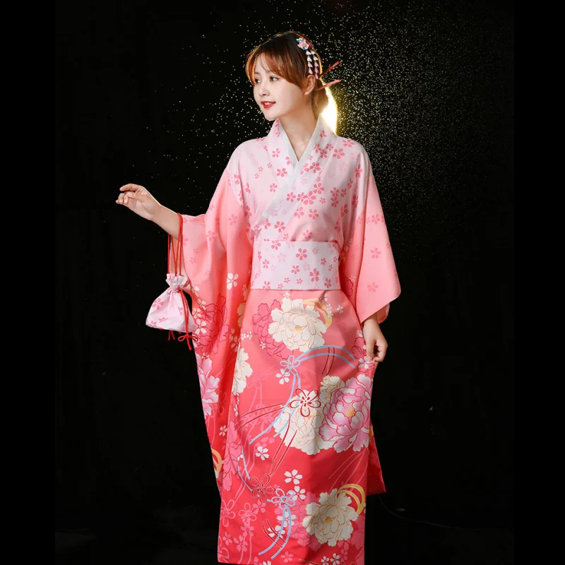 Divine Girl Cosplay Costume Pink Gradient Print Performance Attire Japanese Traditional Kimono Large Sleeved Nightgown for Women