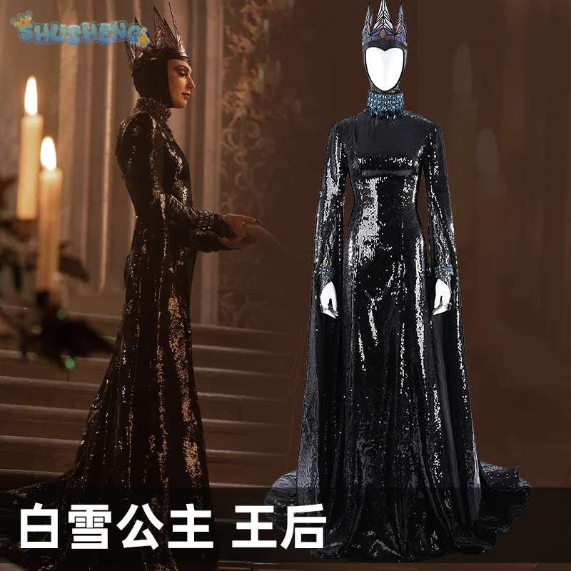 

Evil Queen Wicked Queen Cosplay Snow White Witch Costume Halloween party black sexy sequin hat crown ring bracelet long dress