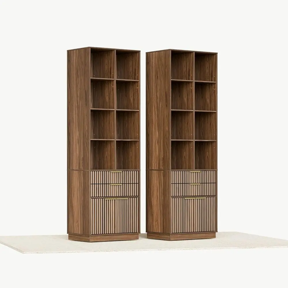 

Set of 2 Luted Tall Bookcases and 4-Tier Storage Shelves, 73 Wooden Shelving for Home or Office, Black Walnut