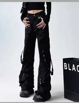 Black Gothic Cargo Flare Pants 3 Black Gothic Cargo Flare Pants Women Vintage Harajuku Y2k 90s Retro High Waist Wide Leg Trousers Streetwear 2000s Pantalones 3
