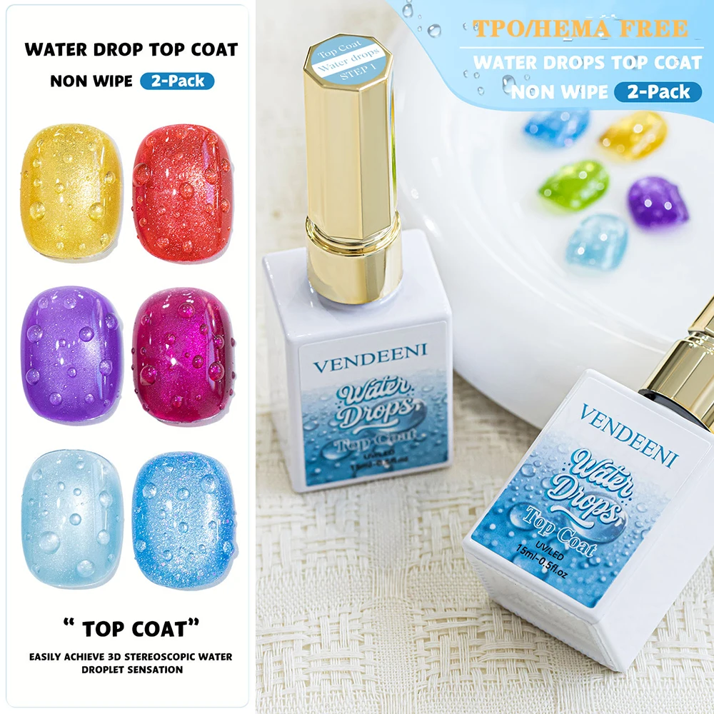 Vendeeni 2Pcs/Set 3D Water Drop Top Coat Effect Gel Nail Polish UV LED Soak Off Clear Non Wipe Top Coat Water Drops Gel Varnish